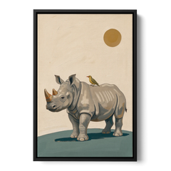 Hand Painted Baby Rhino and Oxpecker for the Nursery - Black Framed Canvas Wall Art - Front