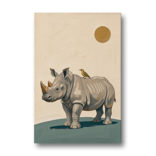 Hand Painted Baby Rhino and Oxpecker for the Nursery - Canvas Wall Art - Front