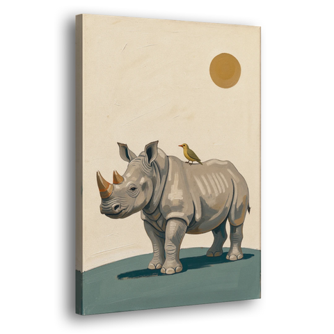 Hand Painted Baby Rhino and Oxpecker for the Nursery - Canvas Wall Art - Side