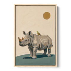 Hand Painted Baby Rhino and Oxpecker for the Nursery - Oak Framed Canvas Wall Art - Front