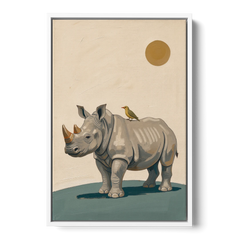 Hand Painted Baby Rhino and Oxpecker for the Nursery - White Framed Canvas Wall Art - Front