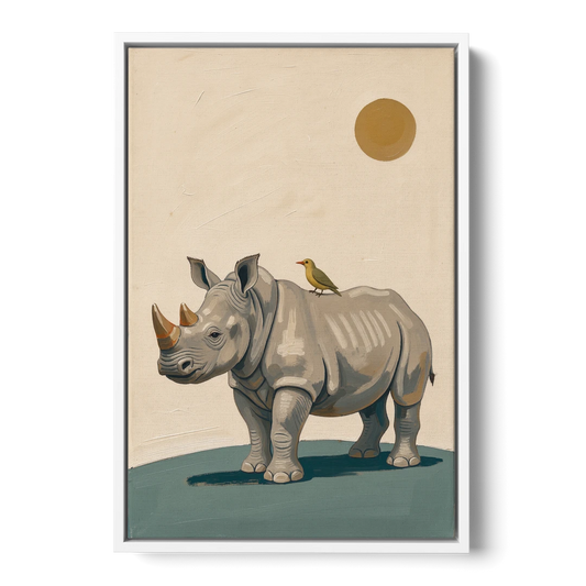 Hand Painted Baby Rhino and Oxpecker for the Nursery - White Framed Canvas Wall Art - Front