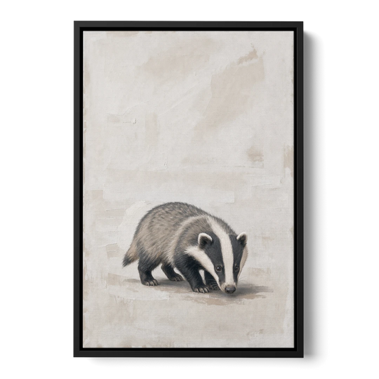 Hand Painted Badger Cub on Linen for the Nursery - Black Framed Canvas Wall Art - Front
