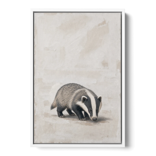 Hand Painted Badger Cub on Linen for the Nursery - White Framed Canvas Wall Art - Front
