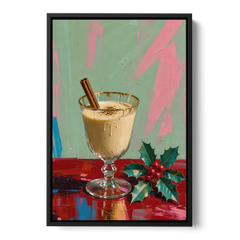 Hand Painted Christmas Canvas of Eggnog with Holly - Black Framed Canvas Wall Art - Front