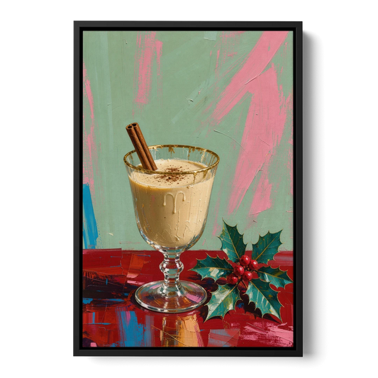 Hand Painted Christmas Canvas of Eggnog with Holly - Black Framed Canvas Wall Art - Front