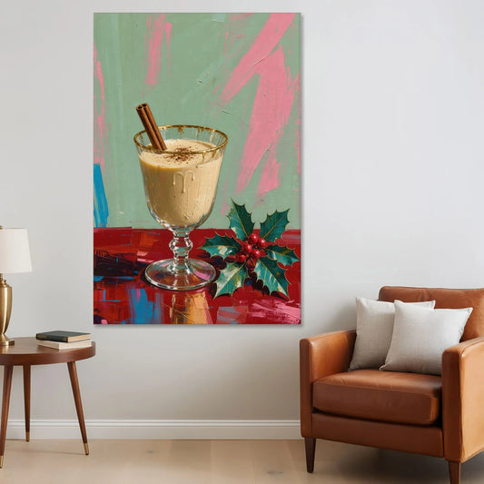Hand Painted Christmas Canvas of Eggnog with Holly - Canvas Wall Art - Sofa - 40x60
