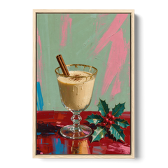 Hand Painted Christmas Canvas of Eggnog with Holly - Oak Framed Canvas Wall Art - Front