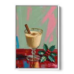 Hand Painted Christmas Canvas of Eggnog with Holly - White Framed Canvas Wall Art - Front