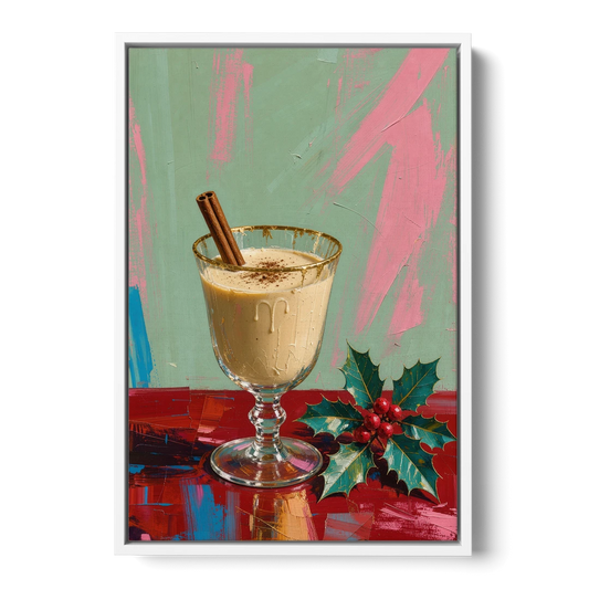 Hand Painted Christmas Canvas of Eggnog with Holly - White Framed Canvas Wall Art - Front