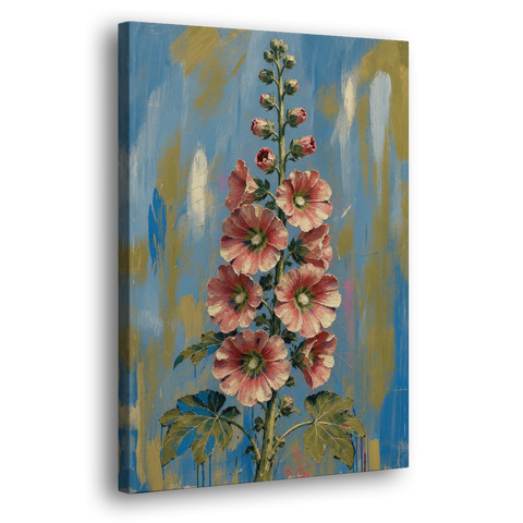 Hand Painted Floral Canvas of a Tall Hollyhock - Canvas Wall Art - Side