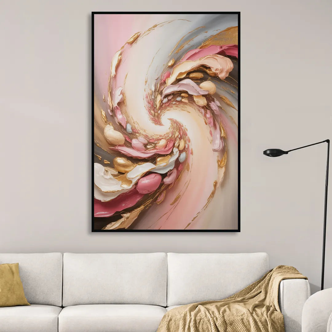 Harmonic Elegance Pink and Gold Abstract Living Room - Black Canvas Wall Art