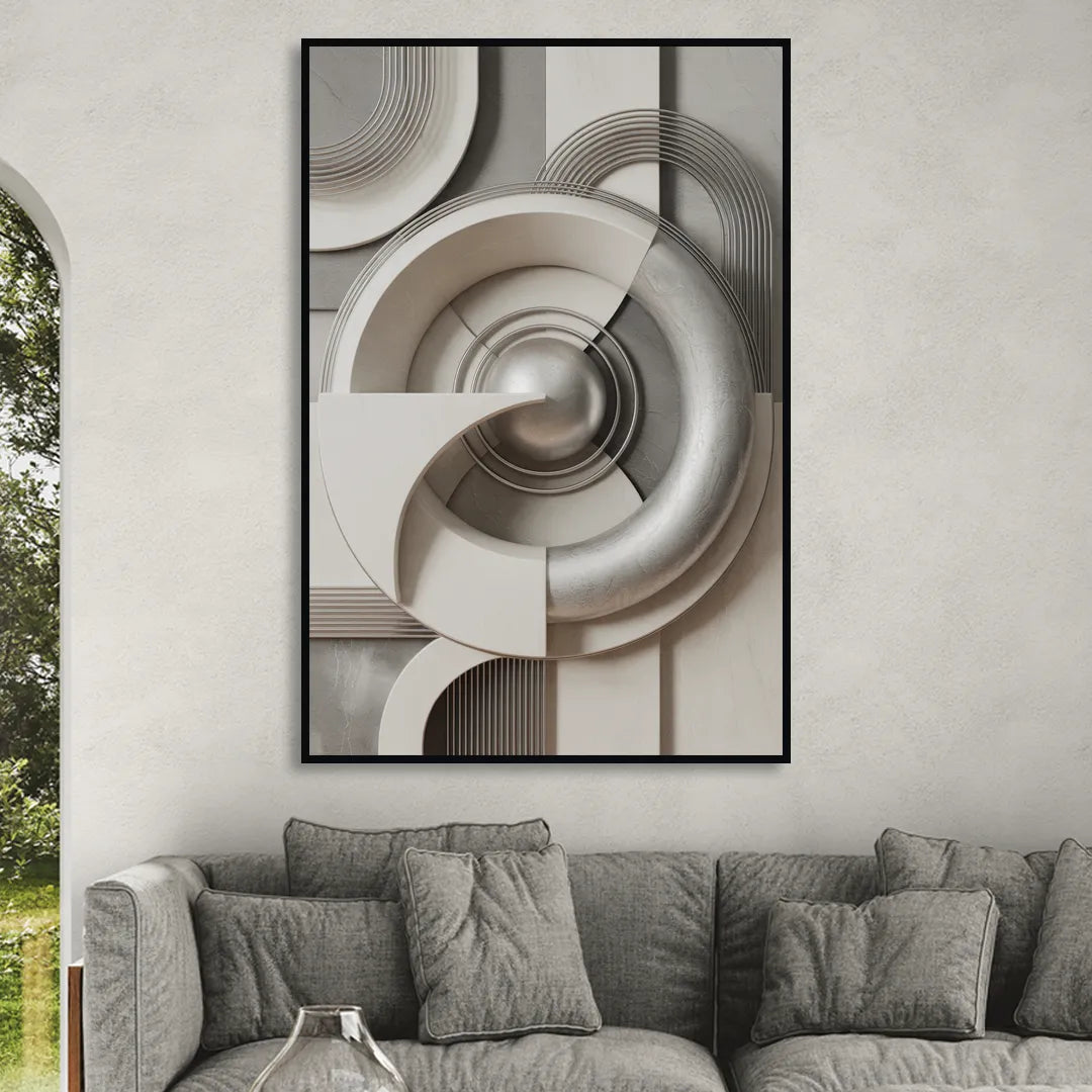 Harmonious Circles Grey and White Abstract Living Room - Black Canvas Wall Art