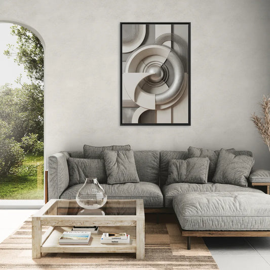 Harmonious Circles Grey and White Abstract - Living Room Black Frame Canvas