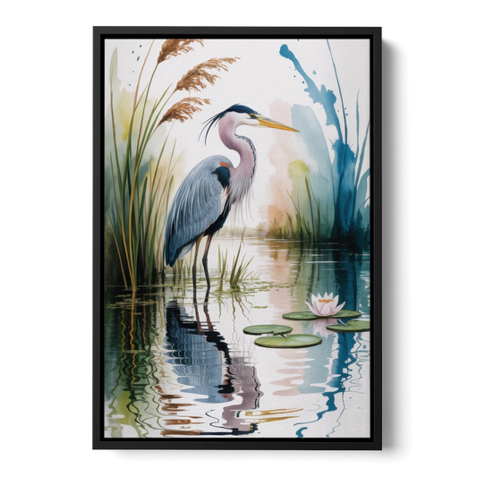 Harmonious Heron Habitat - Black Framed Canvas Wall Art - Front