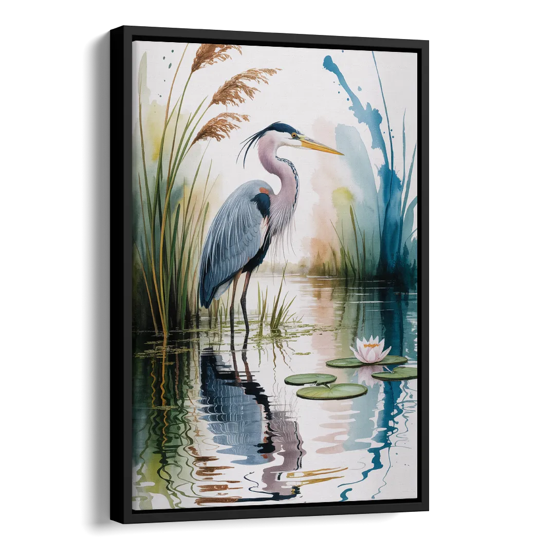 Harmonious Heron Habitat Side - Black Canvas Wall Art