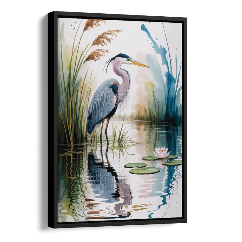 Harmonious Heron Habitat Side - Black Canvas Wall Art