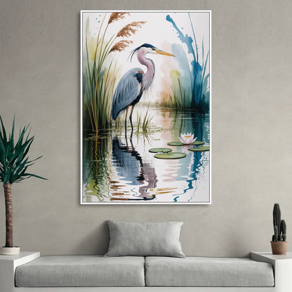 Harmonious Heron Habitat Living Room - White Canvas Wall Art