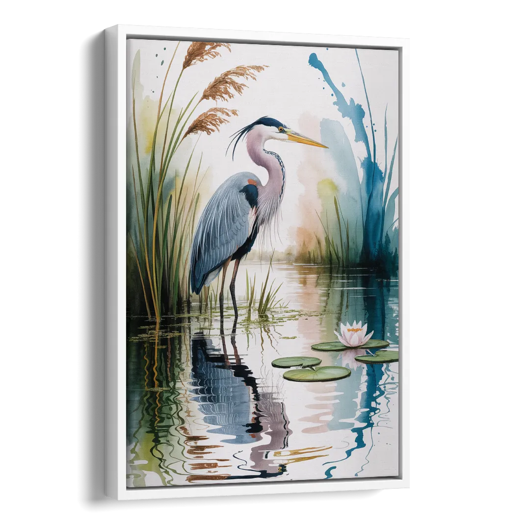 Harmonious Heron Habitat Side - White Canvas Wall Art