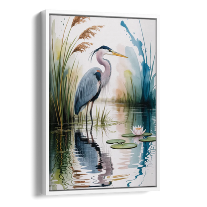 Harmonious Heron Habitat Side - White Canvas Wall Art