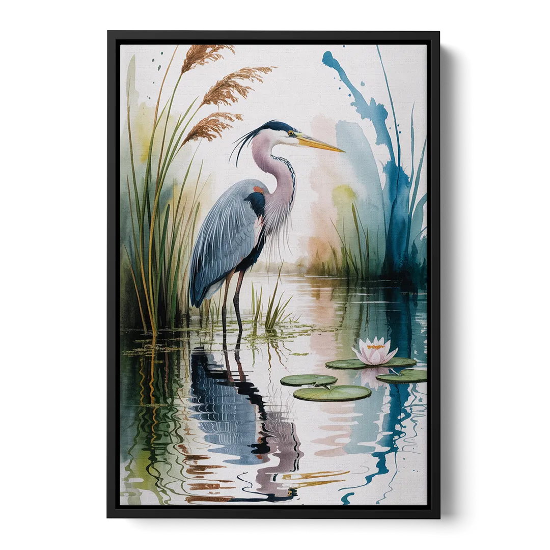 Harmonious Heron Habitat Front - Black Canvas Wall Art