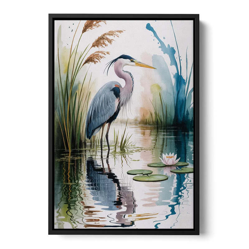 Harmonious Heron Habitat Front - Black Canvas Wall Art