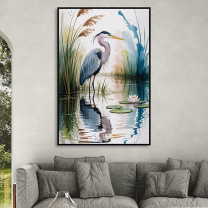 Harmonious Heron Habitat Sitting Room - Black Canvas Wall Art