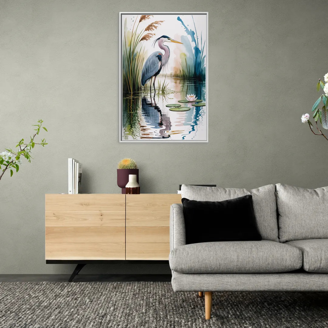 Harmonious Heron Habitat - Living Room White Frame Canvas