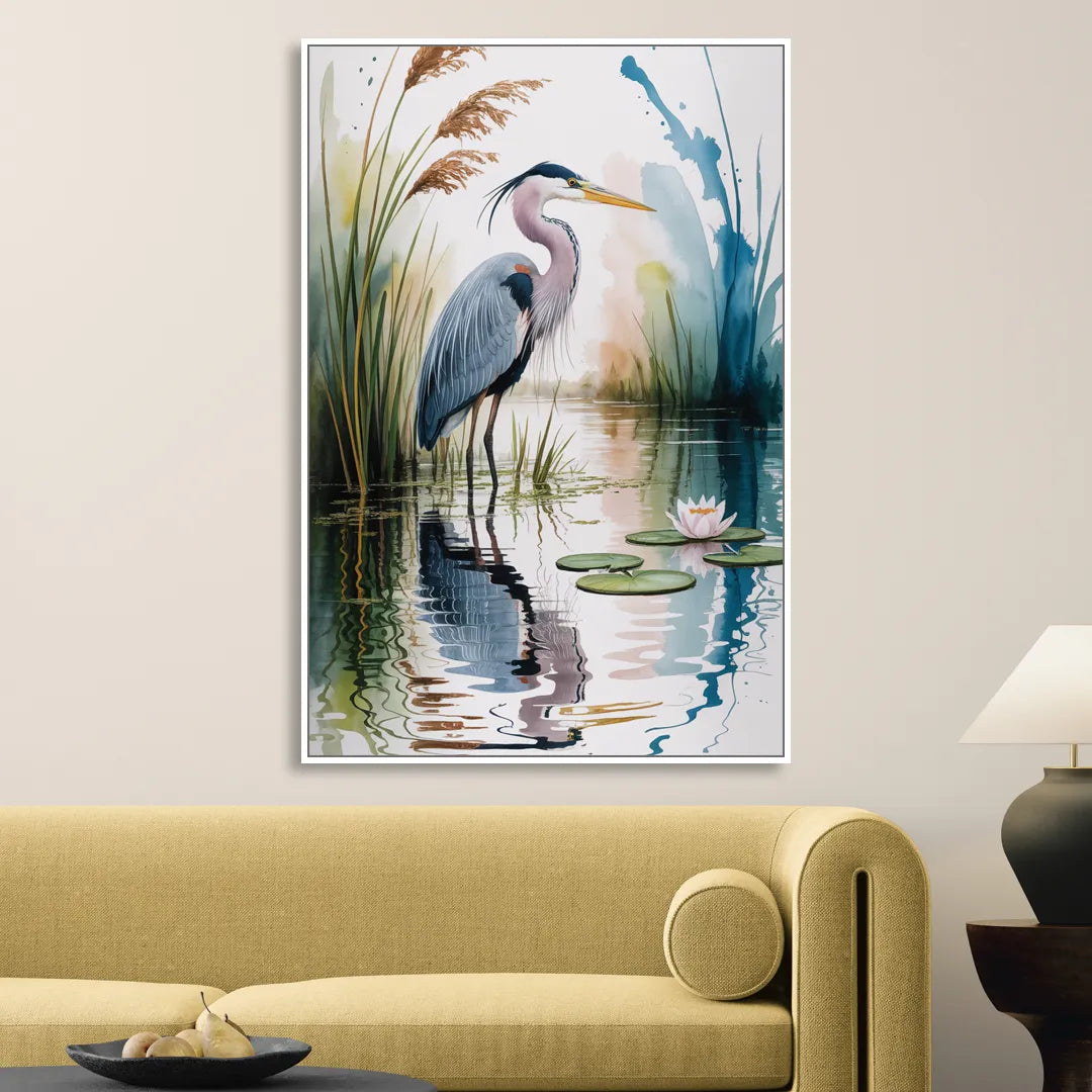 Harmonious Heron Habitat Sitting Room - White Canvas Wall Art