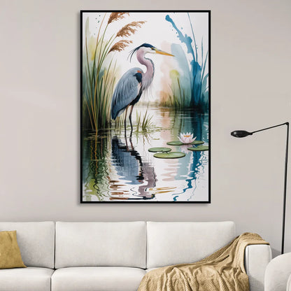 Harmonious Heron Habitat Living Room - Black Canvas Wall Art