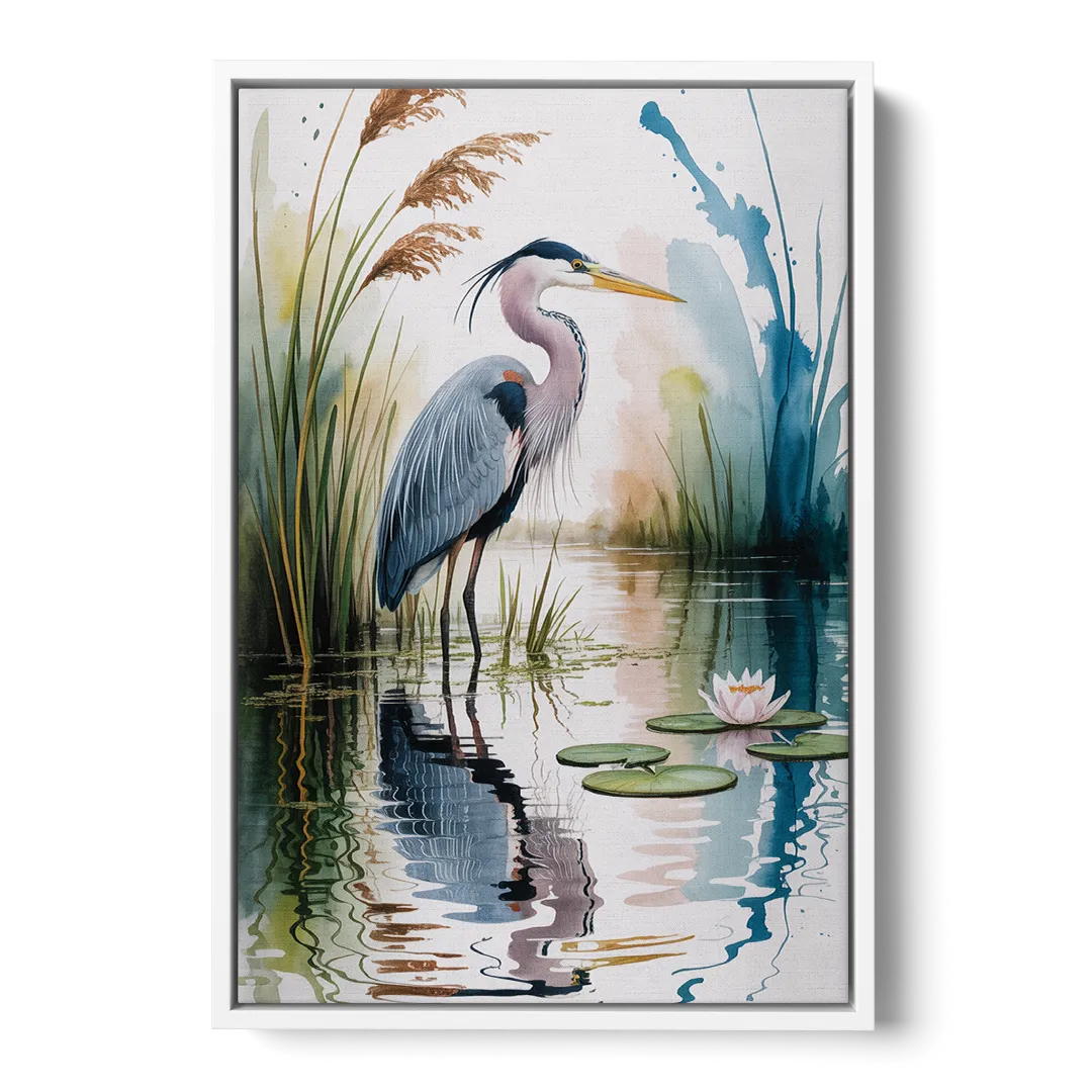 Harmonious Heron Habitat Front - White Canvas Wall Art
