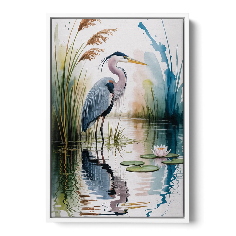 Harmonious Heron Habitat Front - White Canvas Wall Art