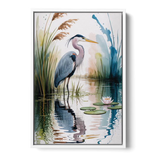 Harmonious Heron Habitat - White Framed Canvas Wall Art - Front