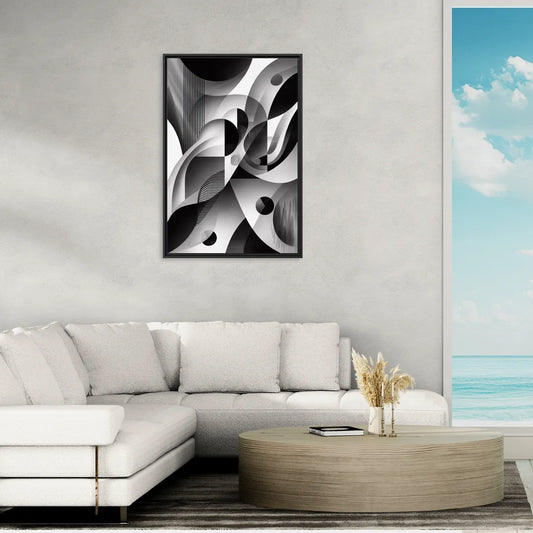Harmonious Interplay Black and White Abstract - Living Room Black Frame Canvas