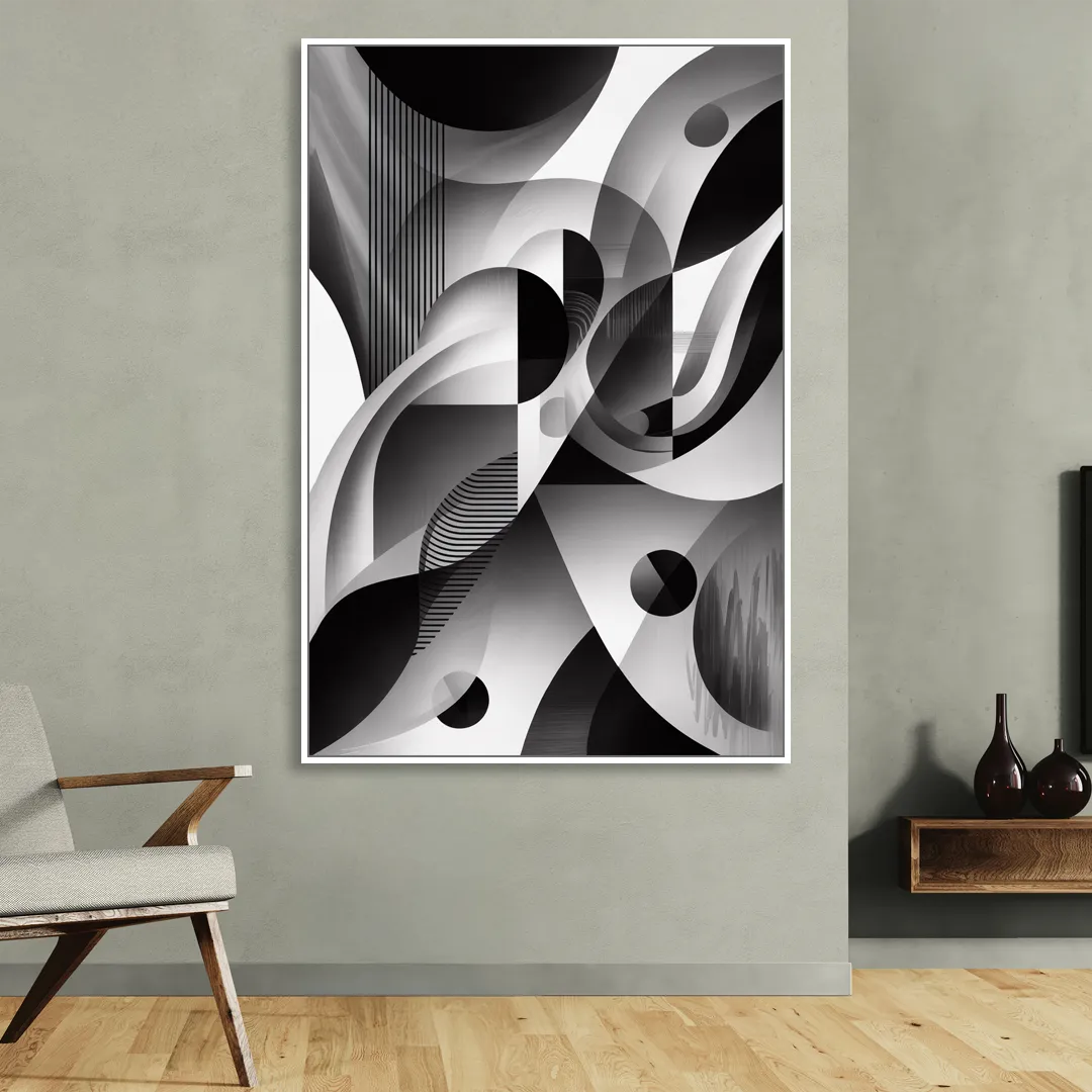 Harmonious Interplay Black and White Abstract Living Room - White Canvas Wall Art