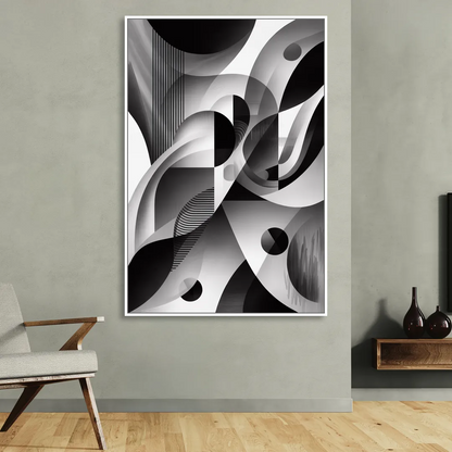 Harmonious Interplay Black and White Abstract Living Room - White Canvas Wall Art