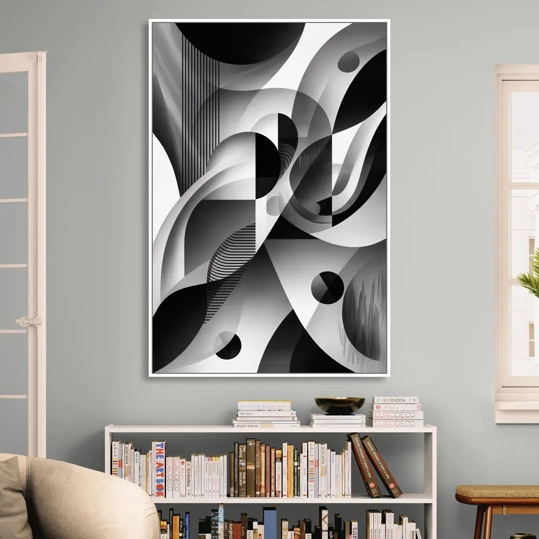 Harmonious Interplay Black and White Abstract Sitting Room - White Canvas Wall Art