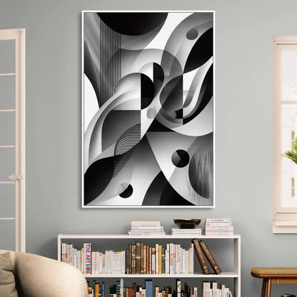 Harmonious Interplay Black and White Abstract Sitting Room - White Canvas Wall Art