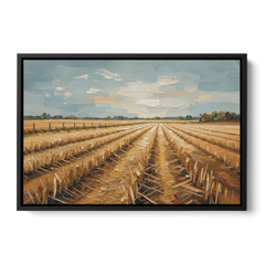 Harvested Stubble Field Rows Under a Pale Sky - Black Framed Canvas Wall Art - Front
