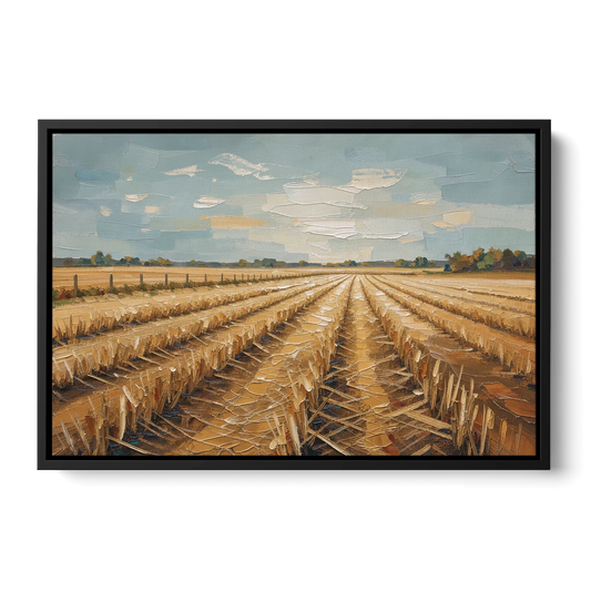 Harvested Stubble Field Rows Under a Pale Sky - Black Framed Canvas Wall Art - Front