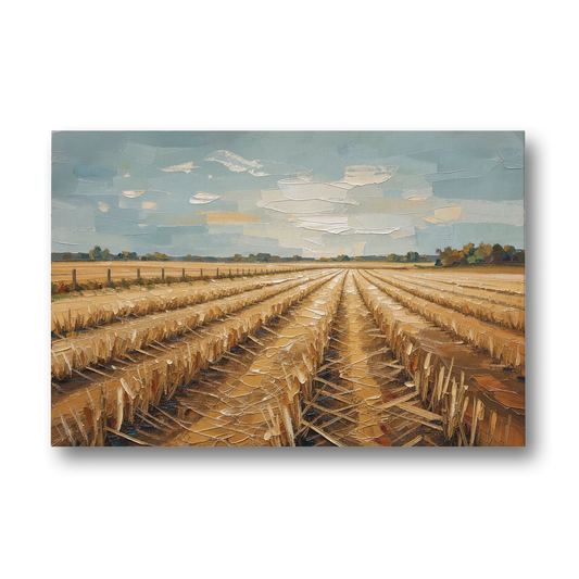 Harvested Stubble Field Rows Under a Pale Sky - Canvas Wall Art - Front