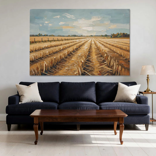 Harvested Stubble Field Rows Under a Pale Sky - Canvas Wall Art - Sofa - 60x40