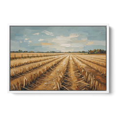 Harvested Stubble Field Rows Under a Pale Sky - White Framed Canvas Wall Art - Front