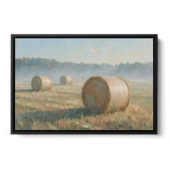 Hay Bales Painting at First Peach Light - Black Framed Canvas Wall Art - Front