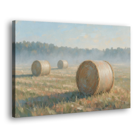 Hay Bales Painting at First Peach Light - Canvas Wall Art - Side