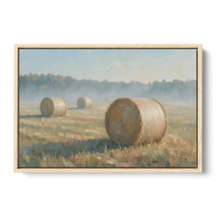 Hay Bales Painting at First Peach Light - Oak Framed Canvas Wall Art - Front