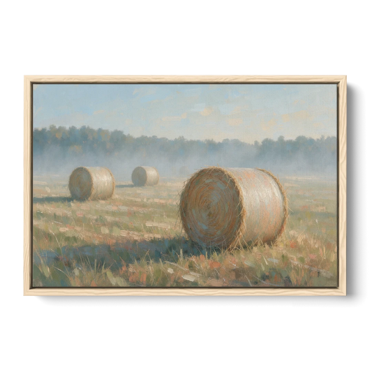 Hay Bales Painting at First Peach Light - Oak Framed Canvas Wall Art - Front