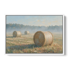 Hay Bales Painting at First Peach Light - White Framed Canvas Wall Art - Front