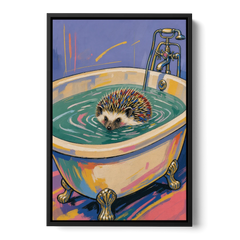 Hedgehog Paddling Across the Clawfoot Tub - Black Framed Canvas Wall Art - Front