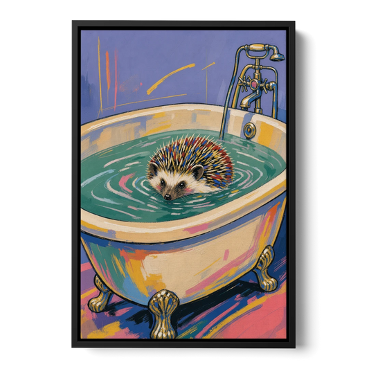 Hedgehog Paddling Across the Clawfoot Tub - Black Framed Canvas Wall Art - Front